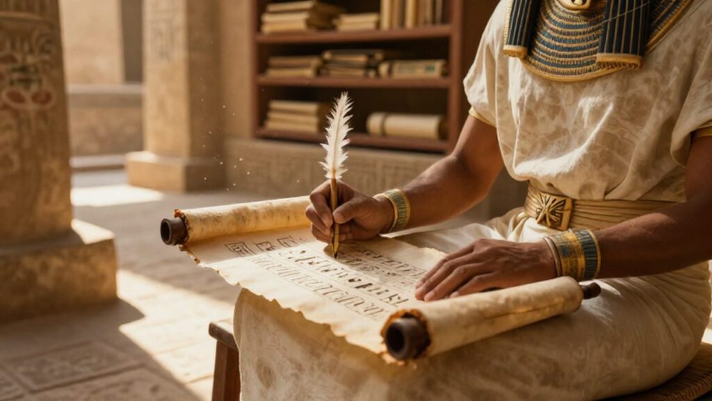 Escriba egipcio sentado en un templo escribiendo jeroglíficos sobre un rollo de papiro.
