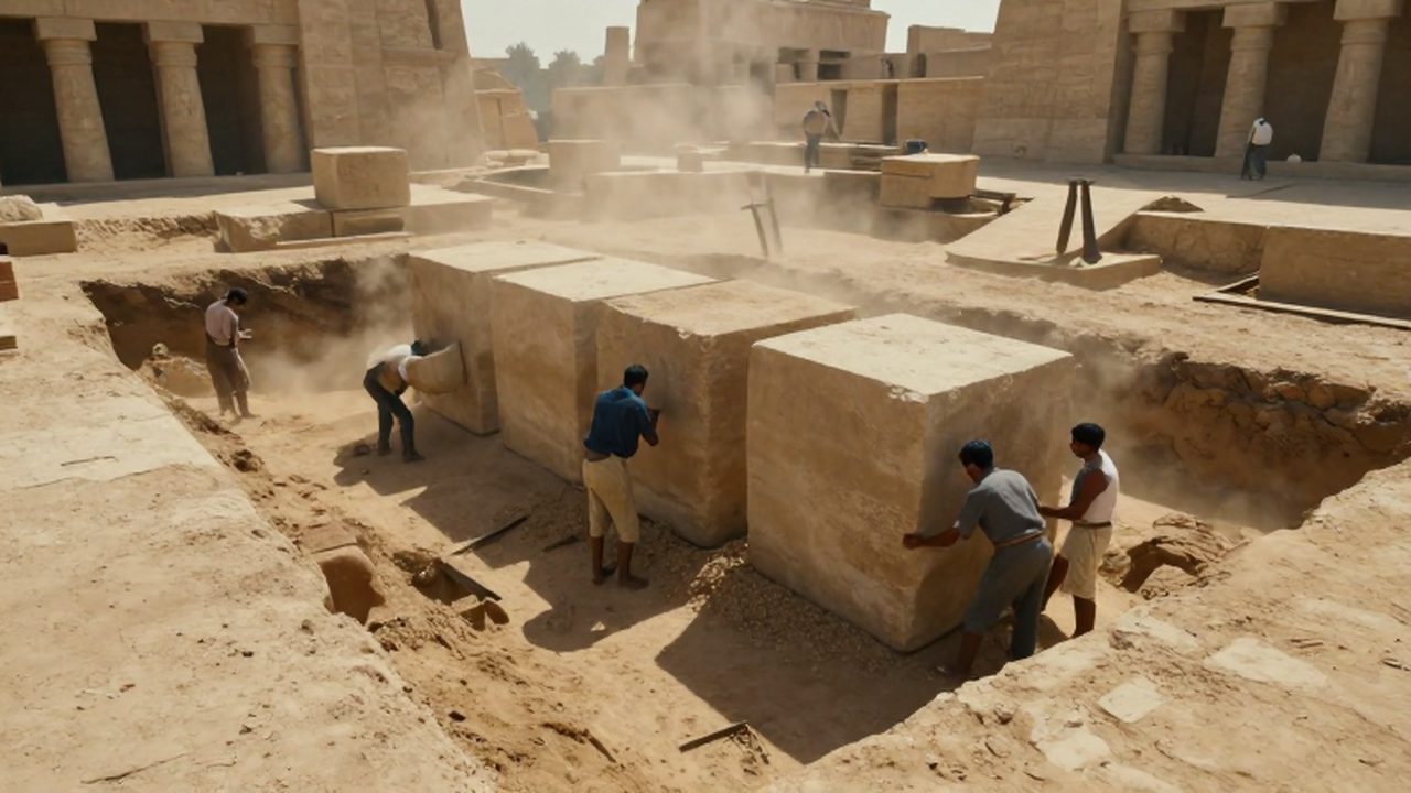 Trabajadores egipcios luchando contra el terreno inestable mientras construyen estructuras de piedra bajo el sol.