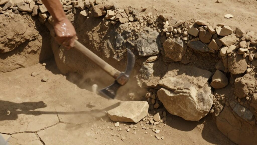 Un pico de hierro golpea la tierra seca y las rocas en una excavación arqueológica.