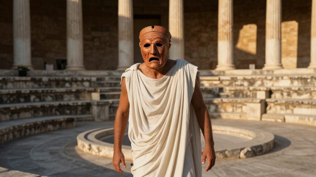 Actor de tragedia griega con máscara de terracota sobre el escenario de un anfiteatro al atardecer.