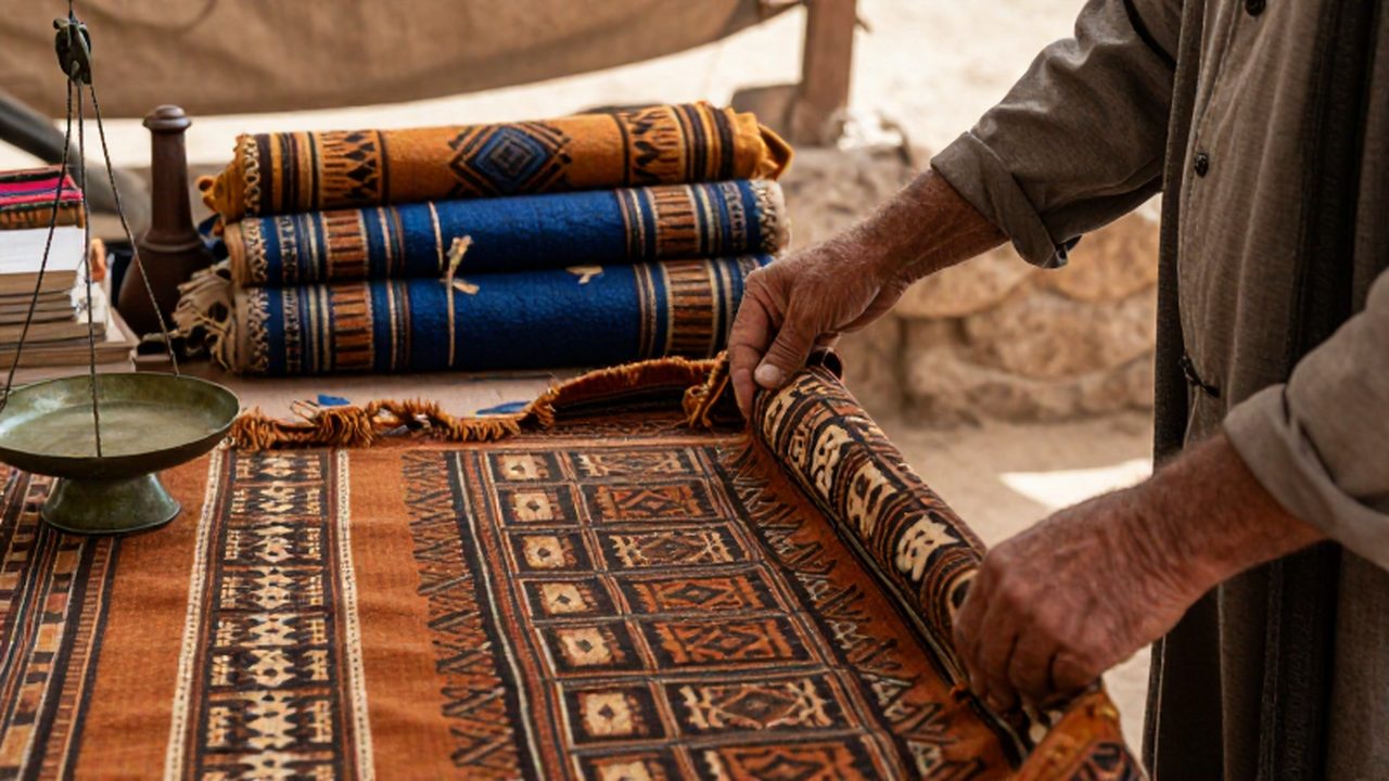 Manos de un comerciante desplegando textiles antiguos con patrones geométricos en un mercado histórico.