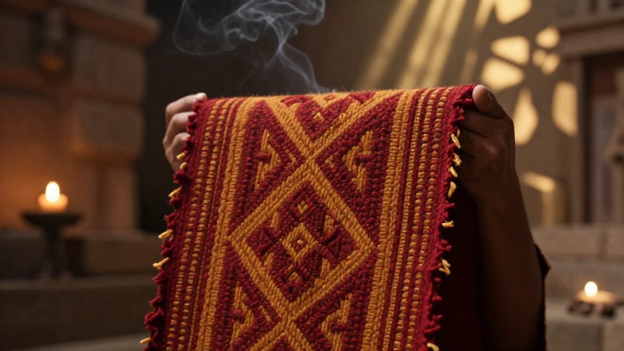 Manos de una sacerdotisa sosteniendo un textil andino con patrones geométricos rojos y ocres.