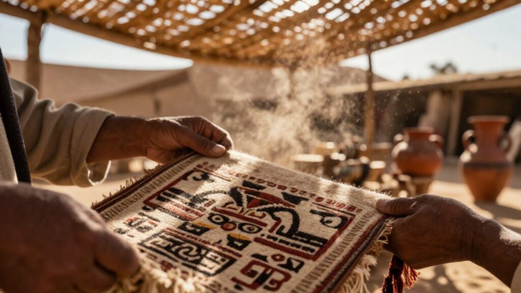 Un comerciante andino despliega un tapiz tejido con motivos geométricos en un mercado desértico.