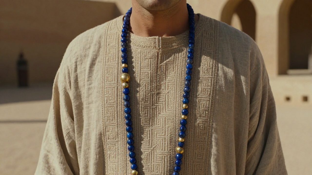 Noble mesopotámico con túnica de lino bordada y collar de lapislázuli en un patio terroso.