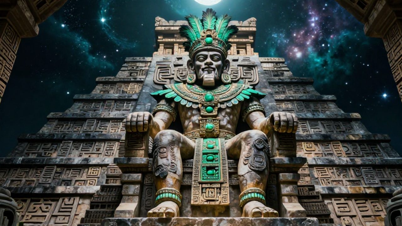 El dios maya Itzamná con vestiduras de jade sentado en su trono bajo un cielo cósmico.