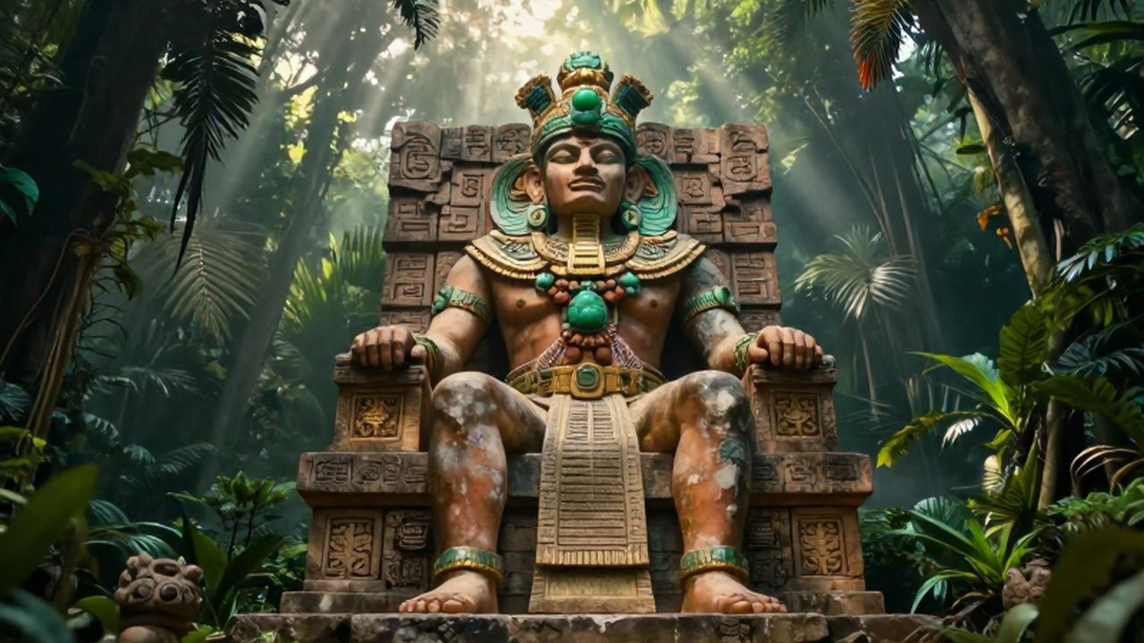 El dios maya Itzamna, de aspecto sabio y adornos de jade, sentado en un trono de piedra en la selva.