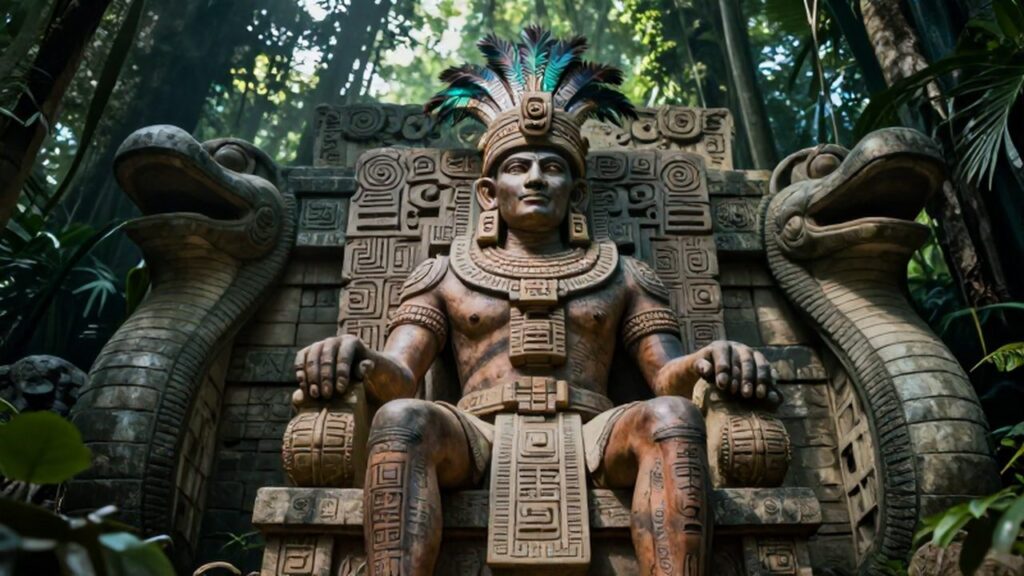 Deidad maya Itzamná con tocado de plumas sentado en un trono de piedra en la selva.
