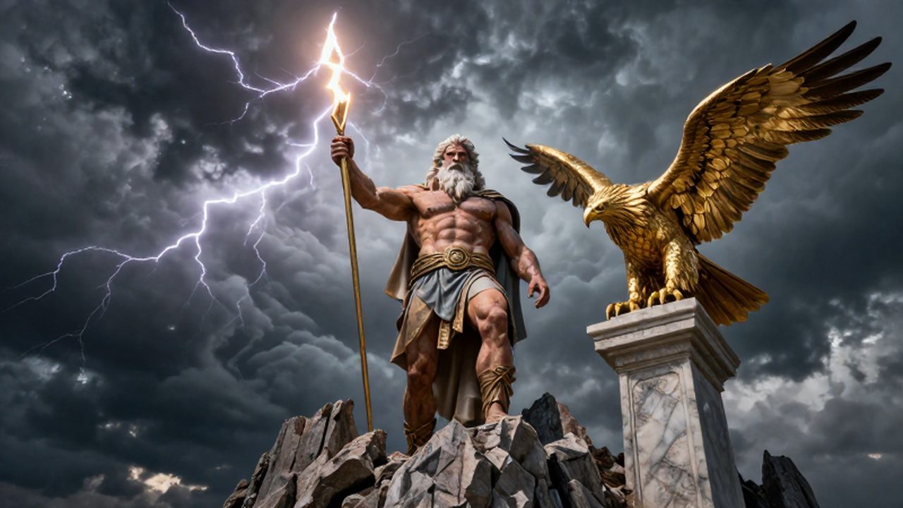 Zeus sobre una cima montañosa sostiene un rayo brillante bajo un cielo tormentoso con un águila dorada.