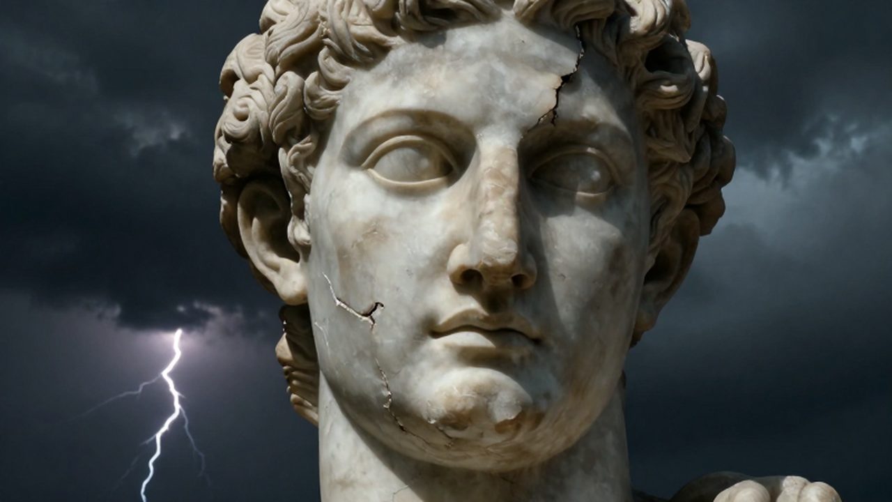Primer plano de una estatua de mármol de Zeus con grietas y mirada intensa bajo un cielo tormentoso.