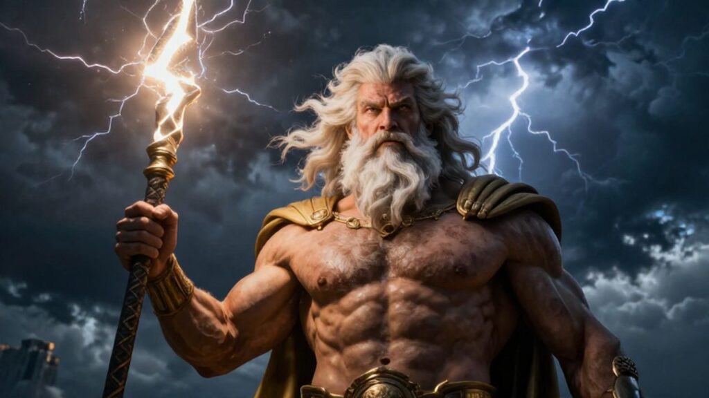 Zeus con barba blanca sostiene un rayo brillante sobre un fondo de tormenta en el Olimpo.