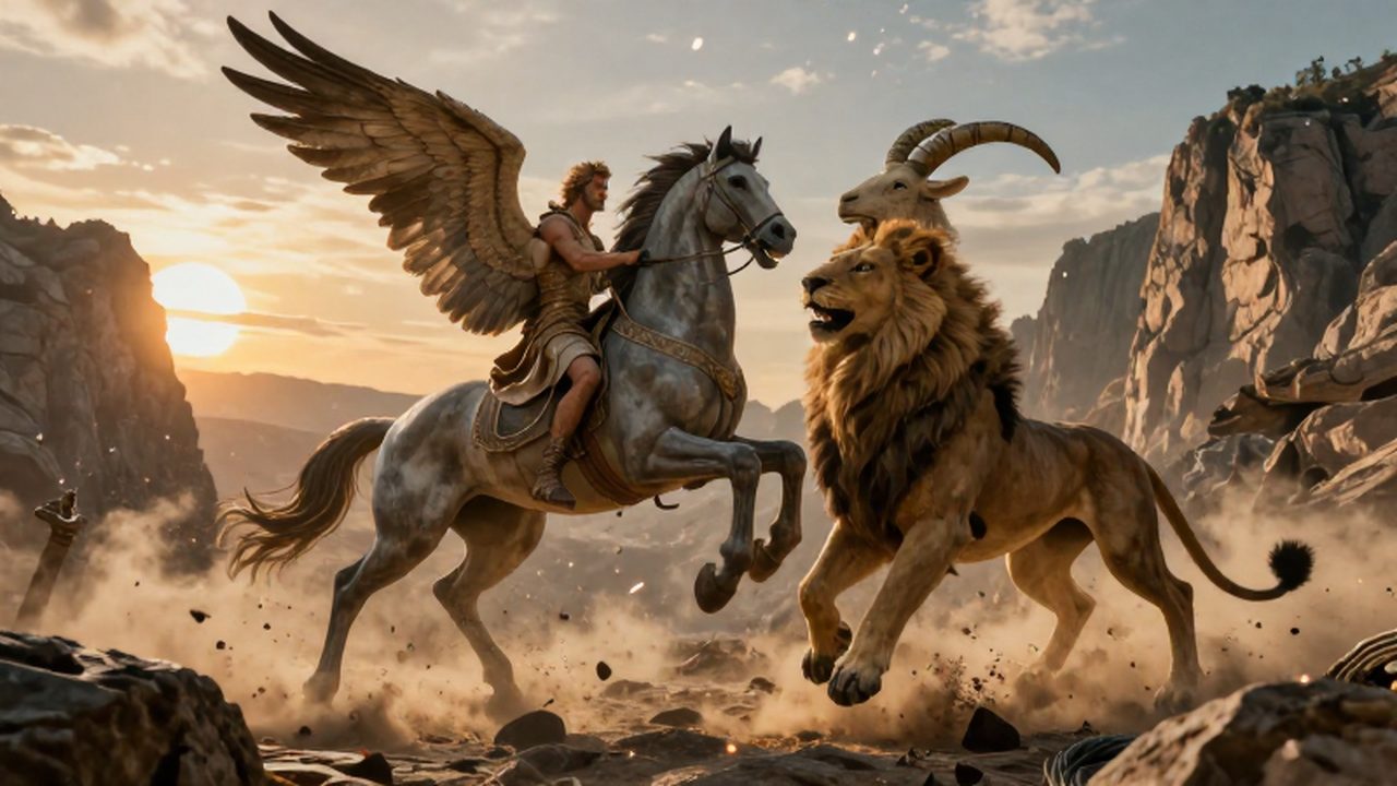 Bellerofonte montado sobre Pegaso lucha contra la quimera entre acantilados durante un atardecer épico.