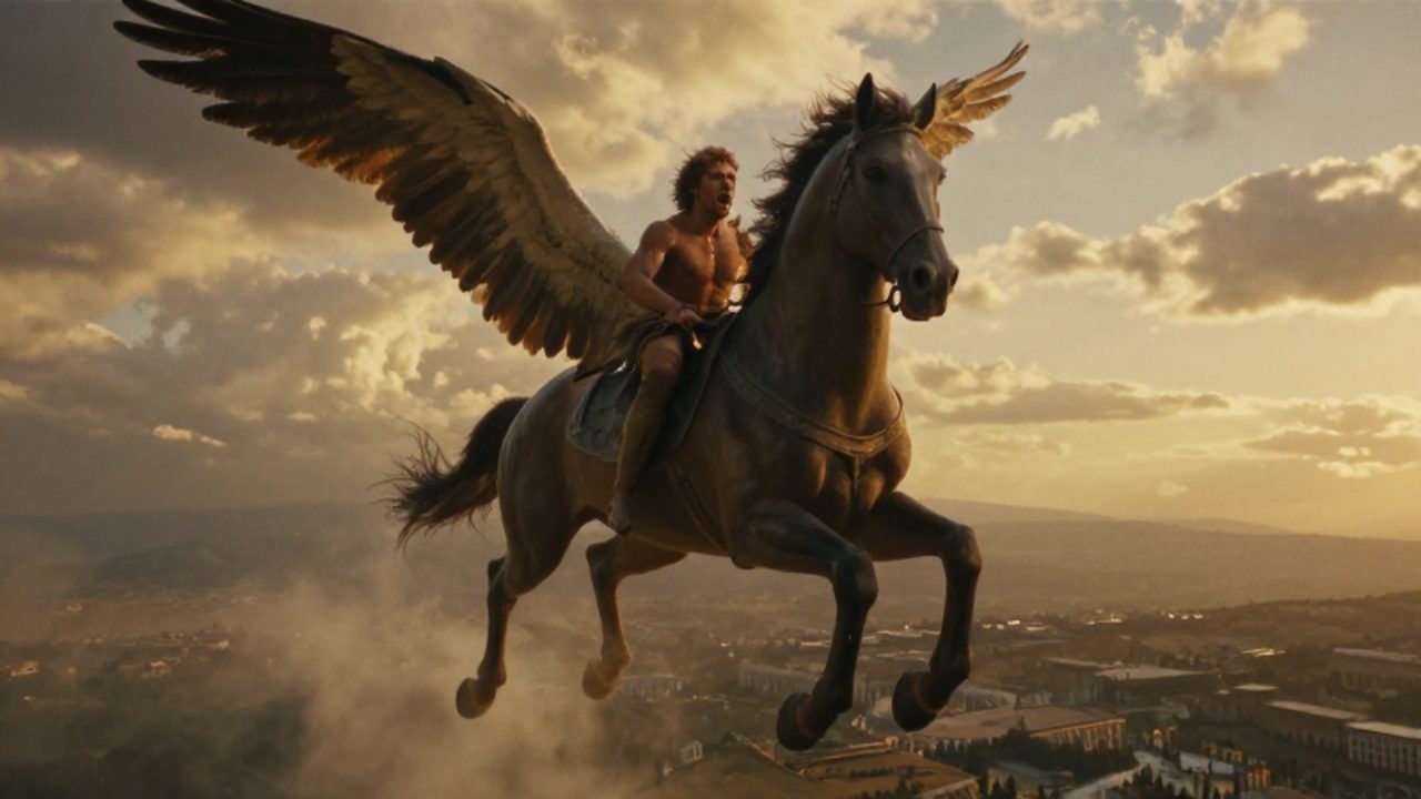 El héroe Belerofonte cae del cielo con su caballo Pegaso bajo un atardecer dorado.