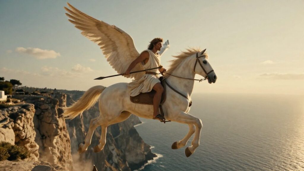 El héroe Belerofonte cabalga al caballo alado Pegaso sobre los acantilados del mar Egeo.