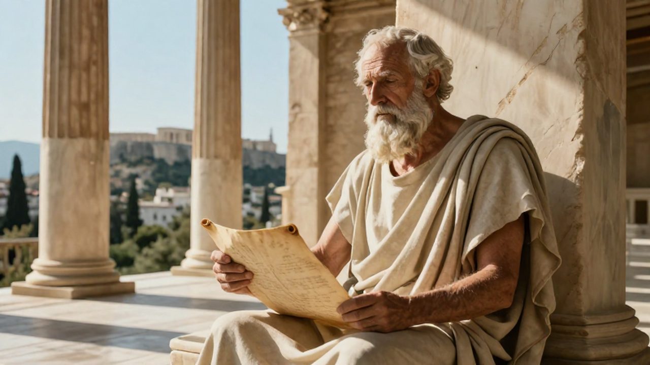 El filósofo Platón con barba blanca sostiene un pergamino sentado en un pórtico de mármol en Atenas.