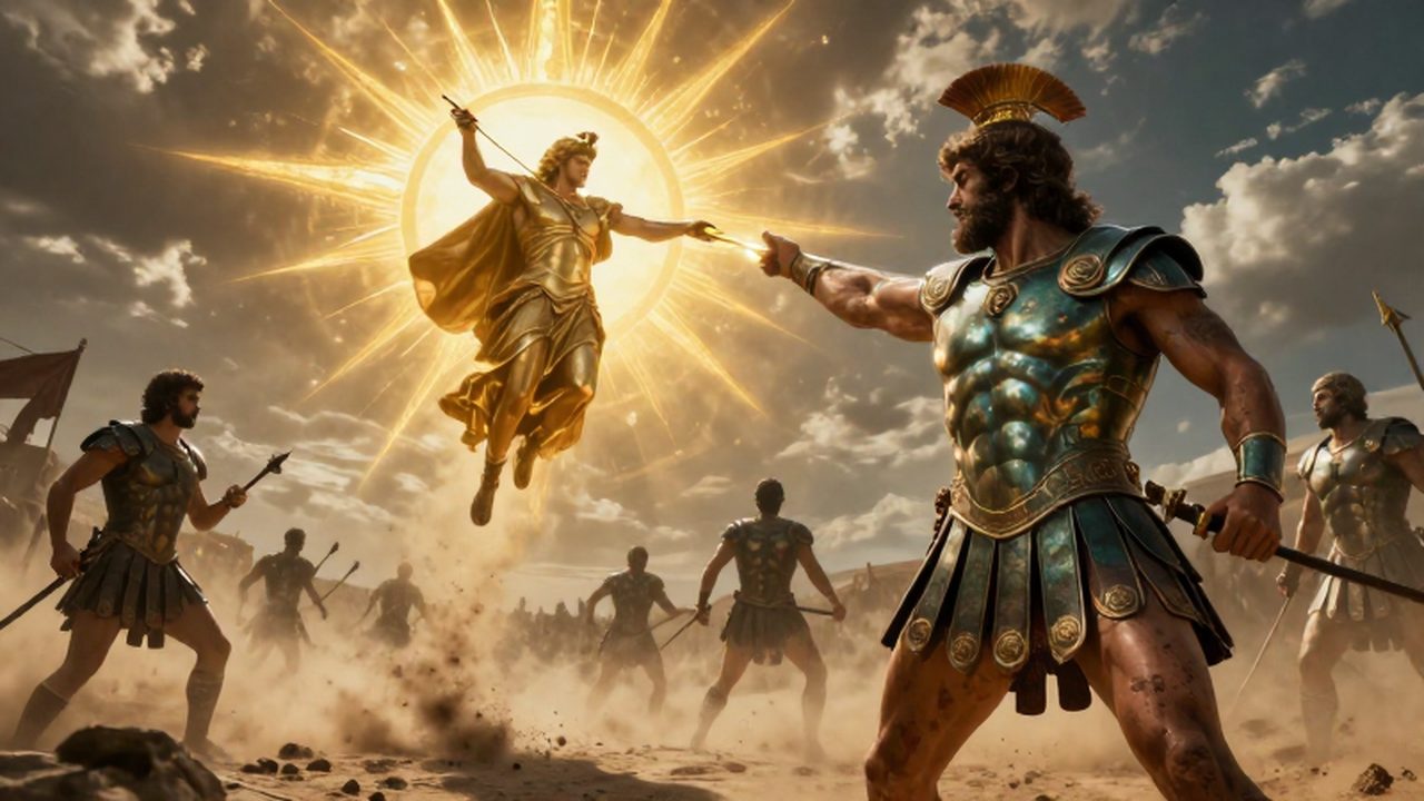 El dios Apolo desciende radiante del cielo apuntando con una flecha dorada hacia el guerrero Aquiles.
