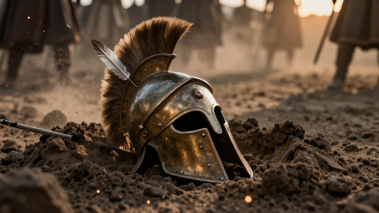 Casco espartano de bronce con una flecha clavada entre la tierra de un campo de batalla.
