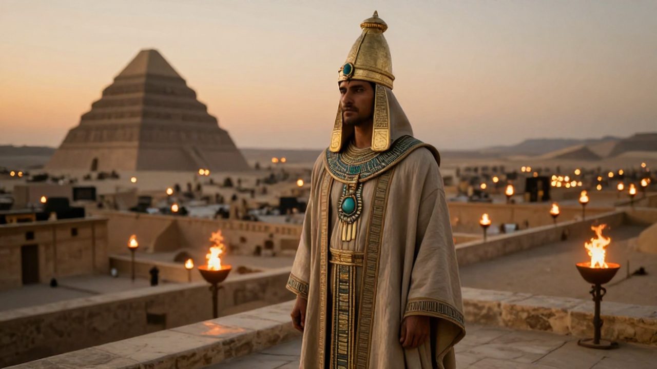 Sacerdote con ornamentos dorados y turquesas contempla una ciudad mesopotámica con zigurats al atardecer.