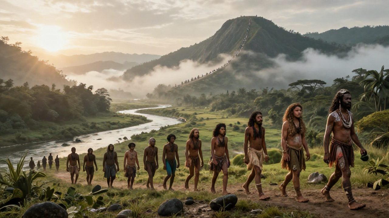 Grupos de humanos prehistóricos con herramientas de piedra caminan por un valle y una montaña neblinosa.
