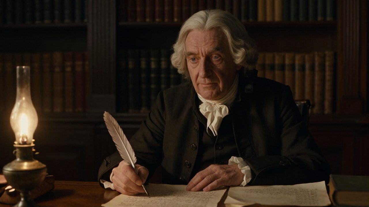 David Hume sentado frente a un escritorio de madera escribiendo con pluma sobre un pergamino antiguo.