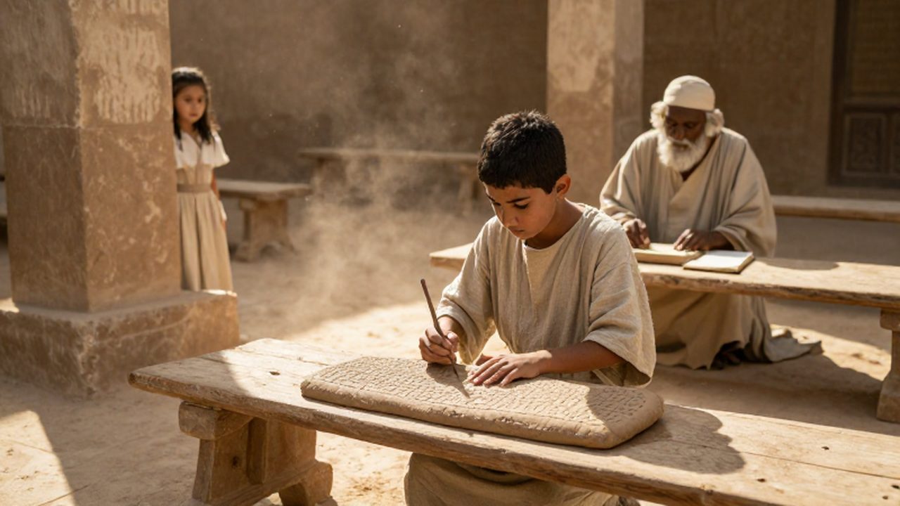 Un niño escribe escritura cuneiforme en una tablilla de arcilla en un patio mesopotámico iluminado por el sol.