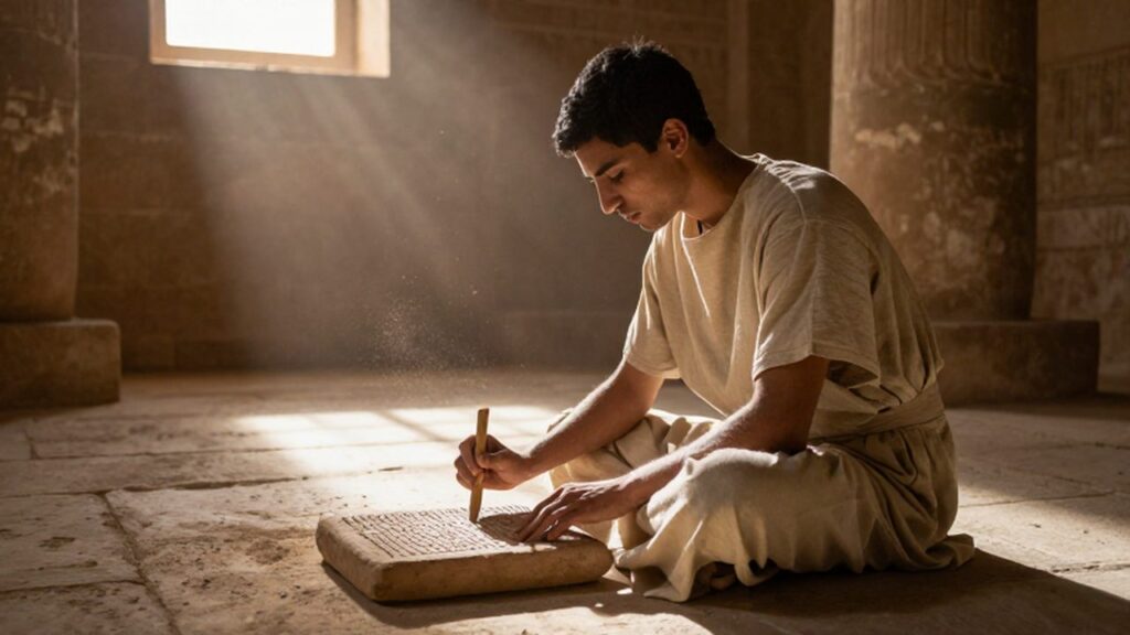 Escriba mesopotámico sentado en un templo grabando escritura cuneiforme sobre una tablilla de arcilla.