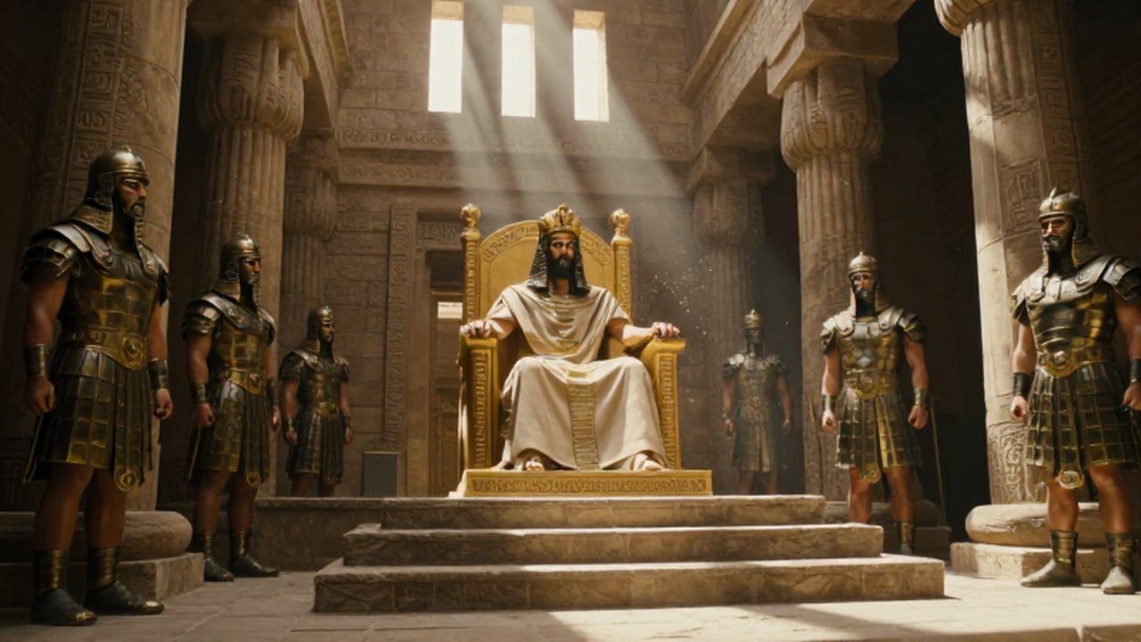 Rey mesopotámico sentado en un trono de oro custodiado por guardias con armaduras de bronce.