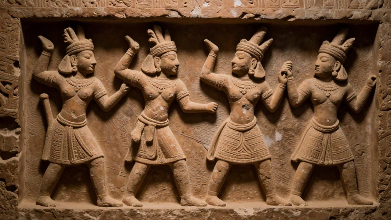 Relieve en terracota que muestra figuras humanas realizando una danza ceremonial con vestimentas tradicionales.