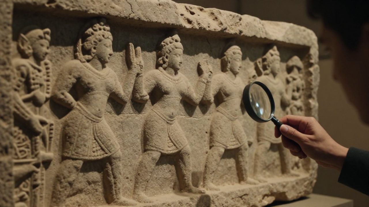 Manos de arqueólogos examinando con una lupa un relieve de piedra con figuras de bailarines.